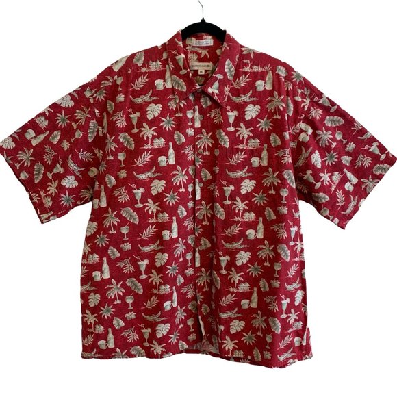 Pierre Cardin Mens Size XXL Red Tropical Short Sleeve Button Up Hawaiian Shirt